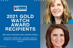 [ai] Two women featured in a promotional image for the 2021 Gold Watch Award recipients. Text reads: 'Rep. Kelly Moller & Rep. Marion O'Neill, Steering Committee, Criminal Sexual Conduct Statutory Reform Working Group'.